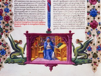 Reunusfriisi sivun alaosassa evankelista Pyhän Matteuksen kanssa, II osa f 148, v, Borso d