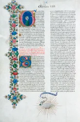 Valaistu käsikirjoitussivu Giovanni Boccaccion Decameronesta, italialainen, noin 1467