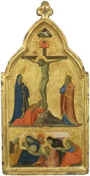 Ristiinnaulitseminen ja valitus (tempera kullattua paneelia vasten)