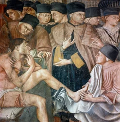 Hoito sairaita sairaalassa, sairaanhoitajat pesevät jalat pelerin haavat "" Yksityiskohta. Fresko Taddeo di Bartolo (1363-1422) 1300-luvun Siena, Santa Maria della Scalan sairaala