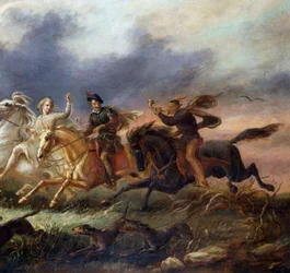 "Kolme ratsastajaa hevosilla, joista yksi soitti torvea. Tadeusz Brodowskin (1821-1848) maalaus 1848 Yksityiskokoelma.