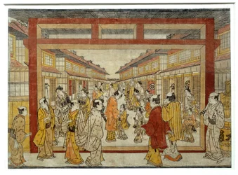 Perspektiivikuva Nakano-Chosta. Masanobu Tanakan japanilainen printti, toiminut vuosina 1741–1748, Ukiyo-E-tyyli. Pariisi, Musee Guimet
