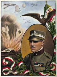 Allegoria Italian ilmavoimien majuri Francesco Baraccan (1888-1918) sankareista, jotka kuolivat taistelussa vuonna 1918. Piirustus Tancredi Scarpelli. Milanolainen.