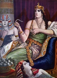 Egyptin antiikki: ”Kleopatran kuolema”. Egyptin kuningatar Kleopatra VII Thea Filopator (69-30 eaa.) tekee itsemurhan antamalla kahden aspiskäärmeen purra itseään. Tancredi Scarpellin (1866-1937) kuvitus teoksesta ”Storia d