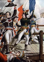 Ensimmäinen italialainen kampanja: Napoleon Bonaparte (1769-1821) Arcolen sillan taistelussa marraskuussa 1796” (Napoleon Bonaparte Arcolen sillan taistelun aikana (Arcola), marraskuu 1796) Tancredi Scarpellin (1866-1937) kuvitus alkaen "Storia