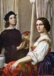 Muotokuva taidemaalari Rafaelista (Raffaello Sanzio 1483 - 1520) maalaamassa Fornarinaa (italialainen taidemaalari Raphael ja nuori nainen nimeltä Fornarina) Tancredi Scarpellin (1866-1937) kuvitus "Storia d