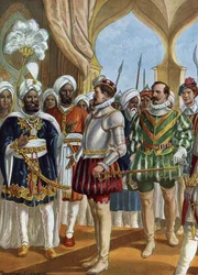 Portugalilainen merenkulkija Pedro Alvares Cabral (1460-1526) Calicutin (Kozhikode) kuninkaan (Zamorin) hovissa 13.9.1500 neuvottelemaan tiskin perustamisesta Intiaan (portugalilainen navigaattori Pedro Alvares Cabral neuvottelemassa Zamorinien kanssa Cali