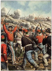 Risorgimento : kuva Giuseppe Garibaldista (1807-1882) taistelun aikana - kansi teokseen "Garibaldi, Cronistoria illustrata dell