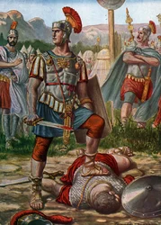 Rooman antiikki: kuvaus konsuli Titus Manlius Imperiosus Torquatuksesta kukistamassa gallialaista vuonna 361 eKr. - Titus Manlius Torquatus taistelee Rooman armeijan haastanutta gallialaista soturia vastaan ja surmaa hänet, 361 eKr. Tancredi Scarpellin