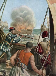 Toinen retkikunta Intiaan (1502-1503) "" Meritaistelu portugalilaisen Vasco de Gaman ja Calicutin laivaston välillä, portugalilaiset ampuvat muslimialuksen Miri-iskun pelerinit palaamassa Mekasta, 10.3.1502" (toinen matka Vasco de Gama (1502-1503)