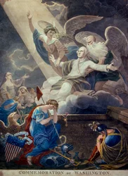 Värillinen kaiverrus George Washingtonin kunniasta, jonka aika ja kuolemattomuus nostavat taivaaseen, kaiverrettu Philadelphiassa, noin 1799 (kaiverrus) (kuva) (kuva)