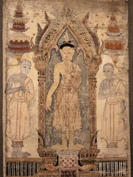 Buddhaa opetuslasten kanssa kuvaava lippu, 1800-luvun alku (maalattu kangas)