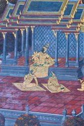 Seinämaalaus, joka kuvaa kohtauksia Ramayanasta Wat Phra Kaeossa, Kuninkaallisesta palatsista, Bangkokista, Thaimaasta