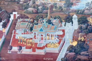 Seinämaalaus, joka kuvaa kohtauksia Ramayanasta Wat Phra Kaeossa, Kuninkaallisesta palatsista, Bangkokista, Thaimaasta