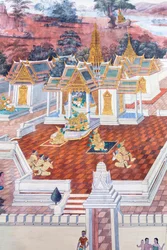 Seinämaalaus, joka kuvaa kohtauksia Ramayanasta Wat Phra Kaeossa, Kuninkaallisesta palatsista, Bangkokista, Thaimaasta