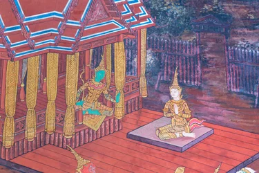 Seinämaalaus, joka kuvaa kohtauksia Ramayanasta Wat Phra Kaeossa, Kuninkaallisesta palatsista, Bangkokista, Thaimaasta