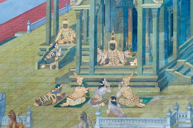 Seinämaalaus, joka kuvaa kohtauksia Ramayanasta Wat Phra Kaeossa, Kuninkaallisesta palatsista, Bangkokista, Thaimaasta