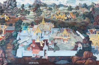 Seinämaalaus, joka kuvaa kohtauksia Ramayanasta Wat Phra Kaeossa, Kuninkaallisesta palatsista, Bangkokista, Thaimaasta