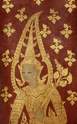 Rattanakosin tyylinen ovipaneeli jumaluuden kuvalla, n.1860 (maalattu puu)