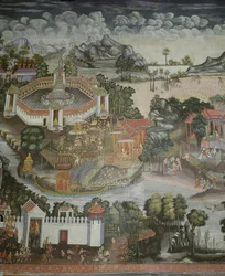 Phitsanulokin kaupunki ja suihkulähde Buddhan patsaineen, Wat Bowonniwet Vihara, Bangkok