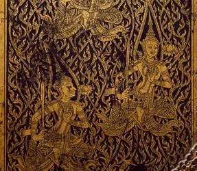 Vaatekaappi sutralle, veistetty ja lakattu puu, Bangkokista, Thaimaasta, Yksityiskohta, Thaimaan sivilisaatio, 1800-luvun alku