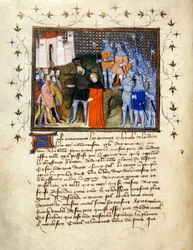 (Koko folio) Kuningas Richard II, jota Henry Bolingbroke johti Lontooseen, luopuu valtaistuimesta; koristeltu reunus tekstillä alla.