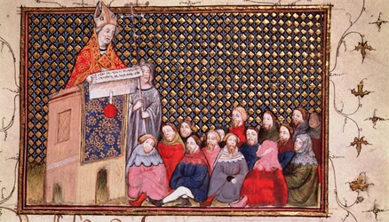 Harl 1319 f.12 Arkkipiispa Arundel saarnaa Henrikin puolesta, "Histoire du Roy d