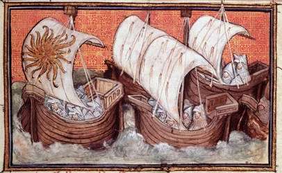 Harl 1319 f.18 Richard II:n laivaston lähtö Irlannista, Englannin kuninkaan Richard II:n historia (vellum)