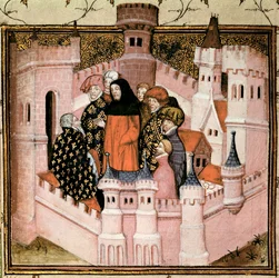 Harl 1319 f.37v Richard II vastaanottaa Earl of Northumberlandin Conwayssa, "Histoire du Roy d