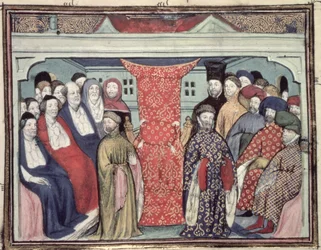 Harl 1319 f.57 Westminsterin parlamentti syrjäyttää Richard II:n ja julistaa Lancasterin herttuan kuninkaaksi Henrik IV:n