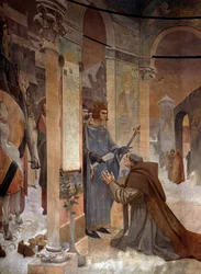Kuningas Ludvig IX (Saint Louis) (1214-1270) esittelee Sorbonnen yliopiston peruskirjan tunnustajalleen Robert de Sorbonille (1201-1274) vuonna 1257 Theobald Chartranin (1849-1907) maalaus Paris, La Sorbonne