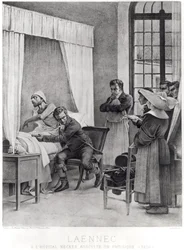 Rene Theophile Hyacinthe Laennec (1781-1826) kuuntelemassa rintakehää sairastavalta mieheltä, 1816