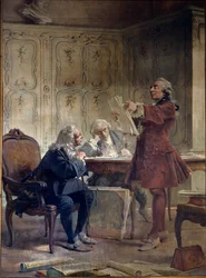 Luonnontieteilijä ja Jardin du roi Georges-Louis Leclercin intendantti, Buffonin kreivi (1707-1788) lukee luonnonhistoriallisen sopimuksensa ensimmäiset lehdet kasvitieteilijä Bernard de Jussieun (1699-1777) ja luonnontieteilijä Edme-Louisin edessä. Dauben