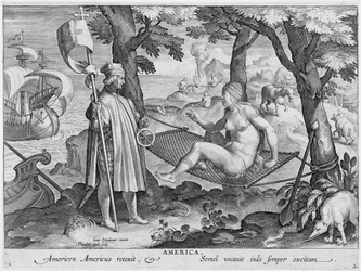 Kolumbus ”löytämässä Amerikkaa”, 1492, noin 1600