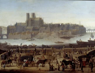 Laituri ja Tournellen silta Pariisissa Yksityiskohdat. Näkymä telakoille ja La Citen saarelle. Theodor Mathamin (1606-1676) maalaus 1646 Pariisi, Carnavalet-museo