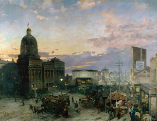 ""Näkymä Washington Streetille Indianapolisissa Twilightissa"" Theodor Grollin (1857-1913) maalaus 1892-1895 Indianapolisin taidemuseo Indiana Yhdysvallat