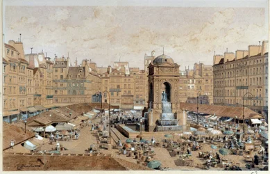 Näkymä Marche-kadulle ja viattomien lähdettä Pariisissa 1800-luvulla. Theodore Joseph Hubert Hoffbauerin (1839-1922) akvarelli 1800-luvulla Pariisi, Musee Carnavalet