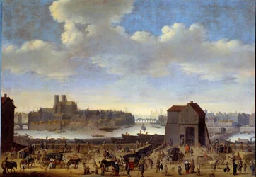 Näkymä Quaille ja Pont de la Tournellelle, Ile de la Citelle ja Ile Saint Louisille Pariisissa noin 1646 Theodor Dirck Mathamin (1606-1676) maalaus 1646 Dim. 1,0 x 1,41 m Pariisi, Musee Carnavalet