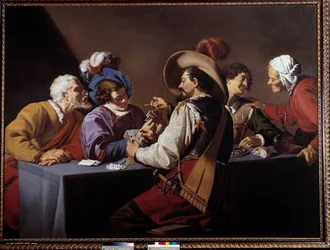 Kortinpelaajat, brelan Theodore Romboutsin (1597-1637) maalaus 1600-luvun su. 1,52x2,06 m Antwerpen. Koninklik-museo - Korttien pelaajat, "" brelan"". Theodore Romboutsin maalaus (1597-1637)
