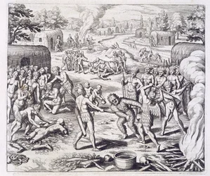 Taistelu Tuppiini-heimojen välillä, Johann Ludwig Gottfriedin teoksesta "Newe Welt und Americanische Historien", julkaissut Mattaeus Merian, Frankfurt.
