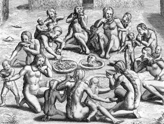 Suolistosta valmistetaan liemi: intiaanien kannibalismi uudessa maailmassa (Amazonia), Theodore de Bryn kaiverrus kirjaan "Le Voyage au Brezil de Jean de Lery 1556-1558", joka julkaistiin vuonna 1578
