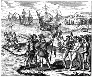 Kristoffer Kolumbus (1451-1506), genovalainen tutkimusmatkailija, löytämässä Amerikan - 12. toukokuuta 1492. Théodore de Bryn kaiverruksen mukaan, 1590.