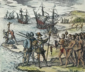 Kolumbus nousee maihin Intiassa. 1594