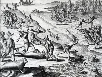 Thomas Cavendishin retkikunta Theodor de Bryn teoksesta "Americae", noin 1593 (kaiverrus).