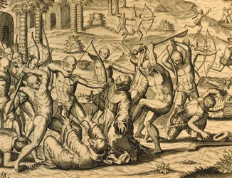 Lähetyssaarnaamunkkien marttyyrikuolema Etelä-Amerikassa, kaiverrus Historia americaesta, Theodor de Bry (1528-1598), Frankfurt