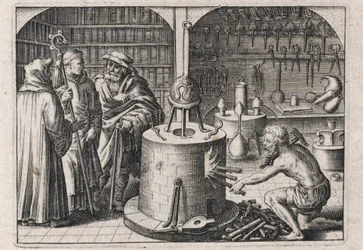 Kolme tutkijaa keskustelevat alkemiapajassa uunin ja instrumenttien kanssa – Theodore de Bryn (1528-1598) kaiverrus Michael Maierin (1569-1622) alkemian tutkielmaan "Tripus avreus, hoc est, Tres tractatus chymici selectissimi"