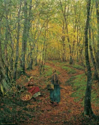 Metsän sisätilat tytön kanssa, joka etsii sieniä