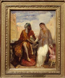 Othello ja Desdemone Venetsiassa Kuvitus William Shakespearen (1564-1616) tragedian "" Othello" näytöksestä. Theodore Chasseriaun (1819-1856) maalaus 1850 Su. 0,25 x 0,20 Pariisi. Musee Du Louvre - Othello ja Desdemona Venetsiassa, kohtaus Otelista