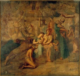Rauha Allegorinen esitys äidin ja lapsen ja laumojen kanssa. Theodore Chasseriaun (1819-1856) maalaus Cour des comptes -portaista 1800-luvun su. 3,4x3,6 m