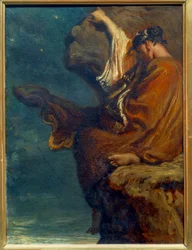 Sapho Kreikkalainen runoilija Sapho (Sappho) (noin 600 eKr.) istuu kivellä ja katselee merta melankoliasta. Theodore Chasseriaun (1819-1856) maalaus 1849 Sun. 0,27x0,21 m Pariisi, musee d